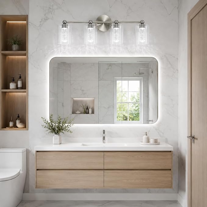 Brushed Nickel Vanity Light with 3 Color Modes, Eye Protection LED Bathroom Light Fixtures, Dimmable Modern Wall Light Over Mirror with Clear Glass Shade (Brushed Nickel, 4-Light)