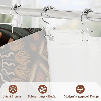 3 in 1 Dark Floral Shower Curtain Set with PEVA Liner & 12 Hooks, 72 x 72 | Boho Tropical Botanical Style, Farmhouse Floral Fabric, Modern Hotel Inspired, Water‑Repellent, Machine Washable
