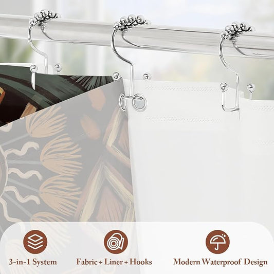 3 in 1 Dark Floral Shower Curtain Set with PEVA Liner & 12 Hooks, 72 x 72 | Boho Tropical Botanical Style, Farmhouse Floral Fabric, Modern Hotel Inspired, Water‑Repellent, Machine Washable