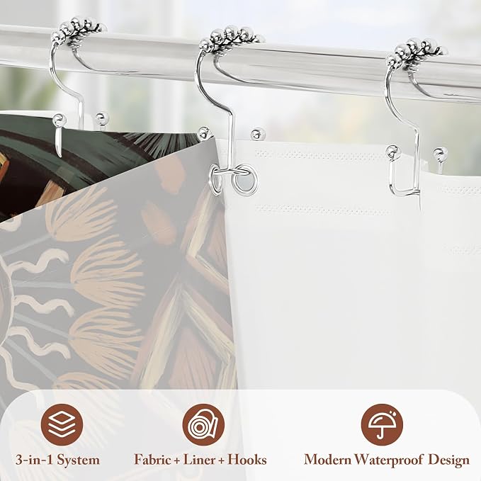 3 in 1 Dark Floral Shower Curtain Set with PEVA Liner & 12 Hooks, 72 x 84 | Boho Tropical Botanical Style, Farmhouse Floral Fabric, Modern Hotel Inspired, Water‑Repellent, Machine Washable