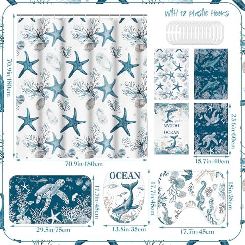 Honoson 8 Pcs Coastal Beach Ocean Theme Bathroom Shower Curtain Set