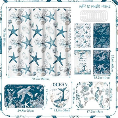 Honoson 8 Pcs Coastal Beach Ocean Theme Bathroom Shower Curtain Set