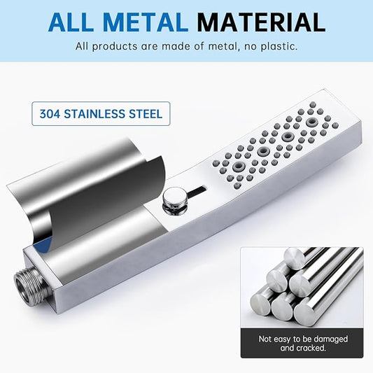 G-Promise All Metal Square 3 Function Handheld Shower Head(Chrome) | All Metal Construction, 3 Function Modes with Massage, Modern Look, Push Switch, Easy Installation