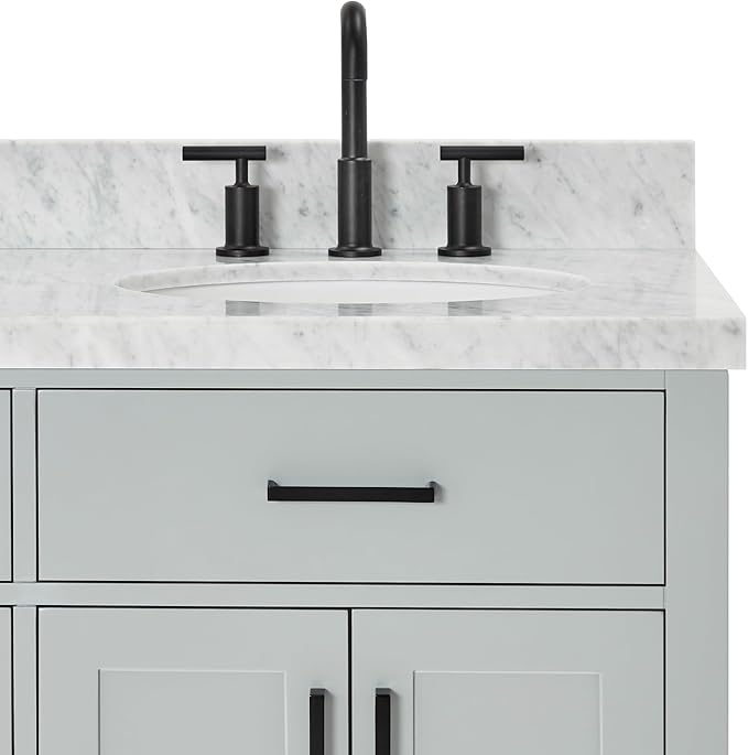 ARIEL Hepburn 66-inch Bathroom Vanity with Sink,Solid Wood, 1.5-inch Italian Carrara Marble Countertop & Backsplash, Double Oval Porcelain Sink, 4 Soft Closing Doors, 6 Dovetail Drawers, Grey