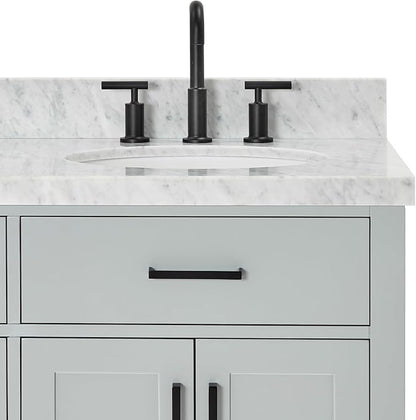 ARIEL Hepburn 66-inch Bathroom Vanity with Sink,Solid Wood, 1.5-inch Italian Carrara Marble Countertop & Backsplash, Double Oval Porcelain Sink, 4 Soft Closing Doors, 6 Dovetail Drawers, Grey