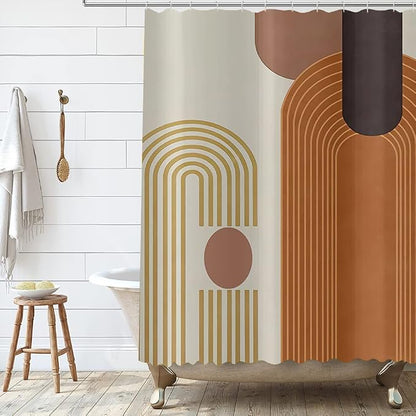 Mid Century Modern Extra Long Shower Curtain, Boho Brown Abstract Arch Machine Washable Waterproof for Bathroom Bathtub with 12 Hooks 72Wx78H