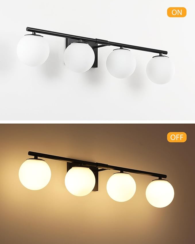 Bathroom Vanity Light Brushed Black 4T Wall Sconce for Mirror | Modern fixture Glass Shade brightness, Elivers even brightness. Sturdy metal resists rust. Dresser Bathroom over Mirror