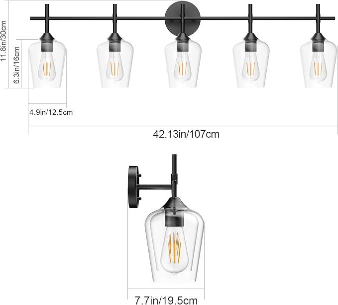Ralbay Vintage Black Bathroom Vanity Light 5-Lights Industrial Matte Black Finish with Clear Glass Vanity Lights Farmhouse Bathroom Lighting fixtures