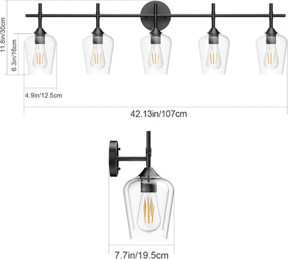 Ralbay Vintage Black Bathroom Vanity Light 5-Lights Industrial Matte Black Finish with Clear Glass Vanity Lights Farmhouse Bathroom Lighting fixtures