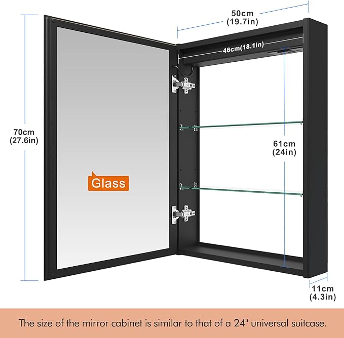 20x28 Inch Aluminum LED Bathroom Mirror Cabinet with Backlit Panel | Light Adjustment, Anti-Fog, Sockets&USBs, High Capacity, Easy to Install