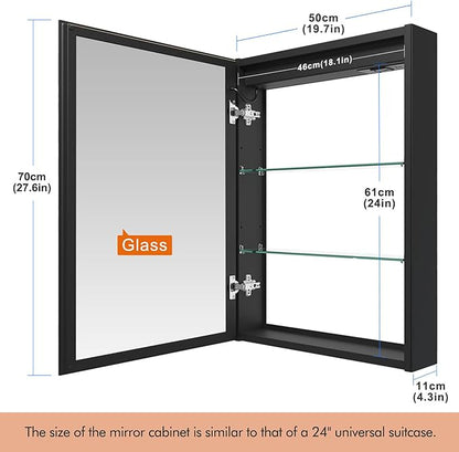 20x28 Inch Aluminum LED Bathroom Mirror Cabinet with Backlit Panel | Light Adjustment, Anti-Fog, Sockets&USBs, High Capacity, Easy to Install