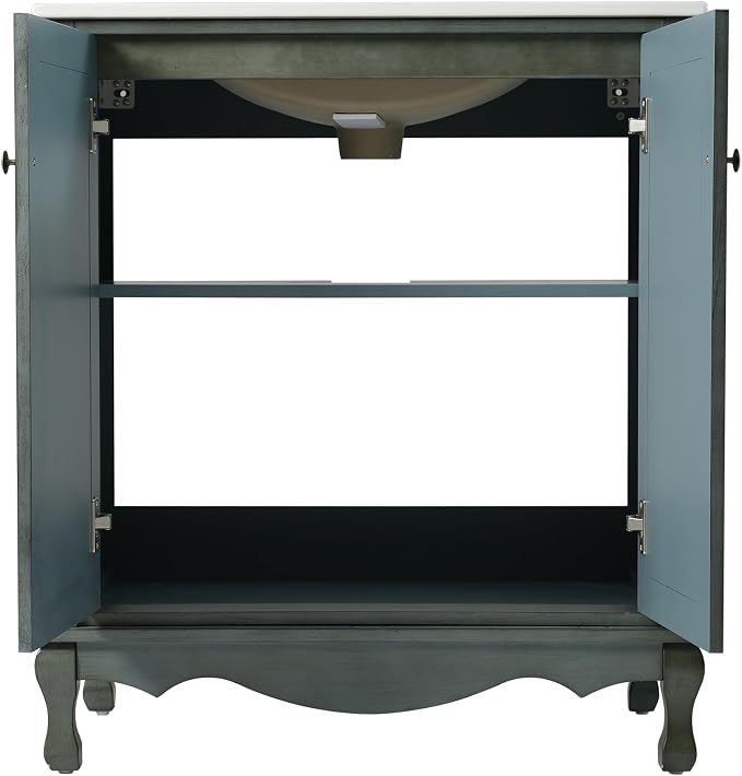 Merax 30" Vintage Bathroom Vanity with Sink, Bathroom Storage Vanity Cabinet with 2 Doors & Rubber Wood Legs & Adjustable Shelves & Antique Handles, Soft-Close Hinges, Antique Blue