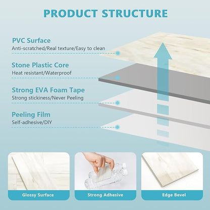 Vamos Tile 100-Piece Glossy Wooden Marble Grain Peel and Stick Backsplash Tile,3''x6'' PVC Subway Tile with White Grout, Stick on Backsplash for Kitchen/Bathroom/Fireplace