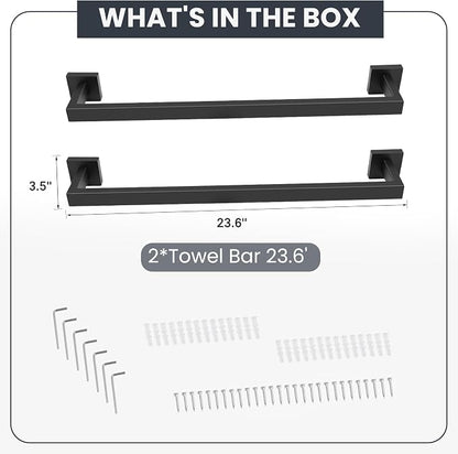 24 Inch Matte Black Bathroom Hardware Set,4 Pack Bathroom Towel Bar Set | 24Inch Square Bathroom Towel Bar, Modern Design, SUS304 Stainless Steel Premium Material, Wide Drying Space Towel Rack
