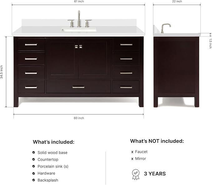 ARIEL Cambridge 60-inch Bathroom Vanity with Sink,Solid Wood, 1.5-inch Pure White Quartz Countertop, Single Rectangular Porcelain Sink, 2 Soft Closing Doors, 9 Dovetail Drawers, Espresso