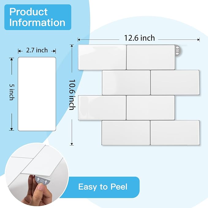Art3d Subway Peel and Stick Backsplash, 10-Pack, Warm White with Gray Grout | 12.6 x 10.6 in, Thickened Design, Heavy-Duty, Strong Adhesive, for Kitchen, Bedroom, Countertop Decor, Ideal for Home Upgrade