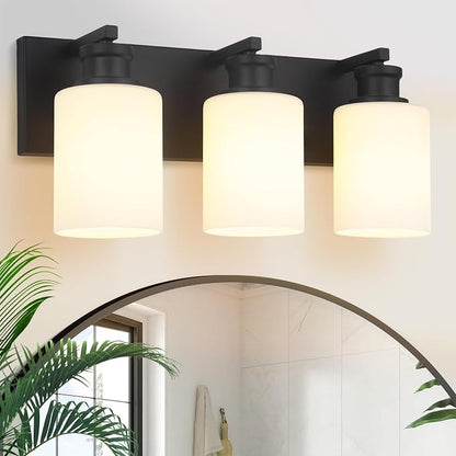 Bathroom Vanity Light, Modern 3 Light Bathroom Light Fixture Over Mirror | Light Fixture Over Sink with White Glass Shade, Black Vanity Lights for Bathroom, E26 Base, 16.5 inch (Bulbs Not Included)