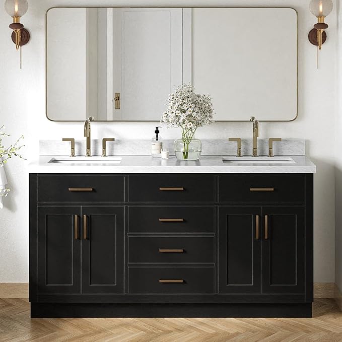 ARIEL Hepburn 66-inch Bathroom Vanity with Sink,Solid Wood, 1.5-inch Italian Carrara Marble Countertop, Double Rectangular Porcelain Sink, 4 Soft Closing Doors, 6 Dovetail Drawers, Black