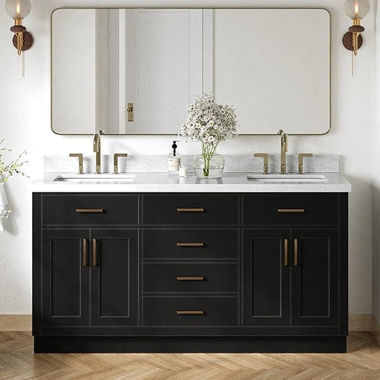 ARIEL Hepburn 66-inch Bathroom Vanity with Sink,Solid Wood, 1.5-inch Italian Carrara Marble Countertop, Double Rectangular Porcelain Sink, 4 Soft Closing Doors, 6 Dovetail Drawers, Black