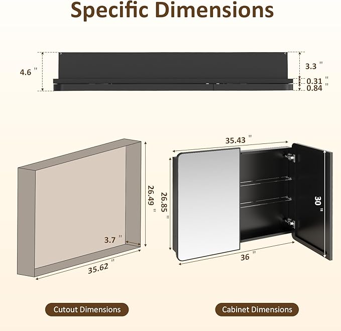 Medicine Cabinet Mirror 30x36 Inch, Double-Sided Bathroom Mirror Cabinet with Adjustable Glass Shelves, 2-Compartment Bathroom Mirror with Storage Recessed or Wall Mount