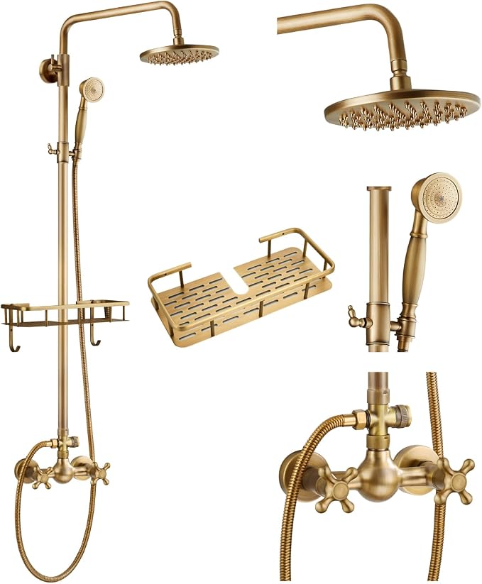 gotonovo Exposed Shower System with Shelf 2 Cross Handle Antique Brass | Bathroom Brass Shower Faucet Set,8’’ Rainfall Head with Handheld Sprayer,SUS304 Shelf,6’’ Hole Distance,Adjustable Height