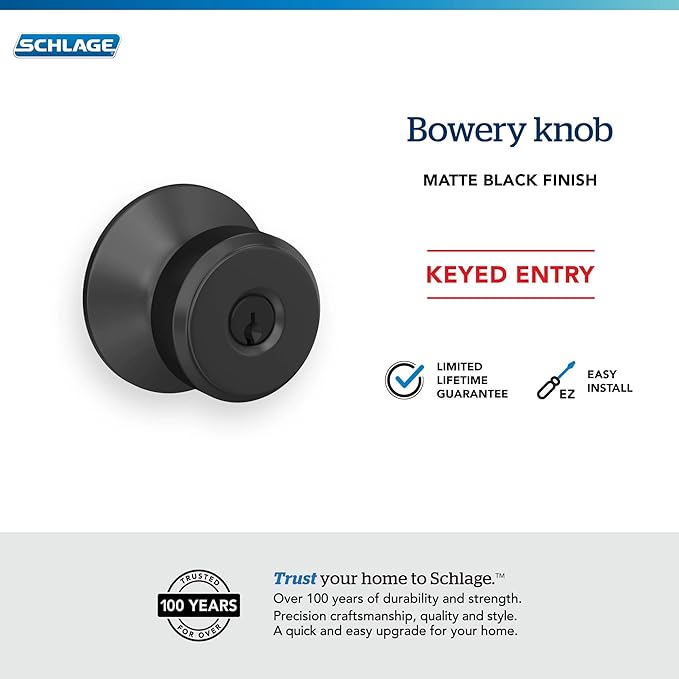 Schlage F51A BWE 622 Bowery Door Knob, Keyed Entry Lock, Matte Black