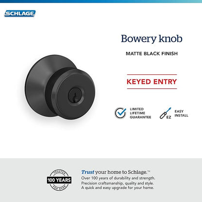 Schlage F51A BWE 622 Bowery Door Knob, Keyed Entry Lock, Matte Black
