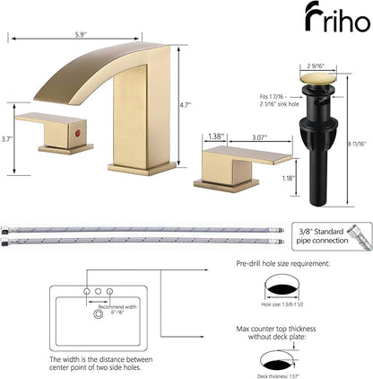 Friho Gold Waterfall Bathroom Faucets 3 Hole, 8 inch Widespread Square Bathroom Sink Faucet with Metal Pop-up Drain and Supply Lines, Two Handles for Vanity, Rv, Commercial, Restroom