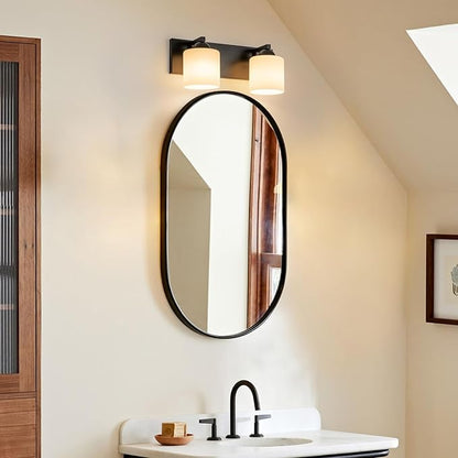 mirrea 16in 2-Light Black Vanity Lights for Bathroom, Vanity Lighting Fixtures with Etched White Glass Shades