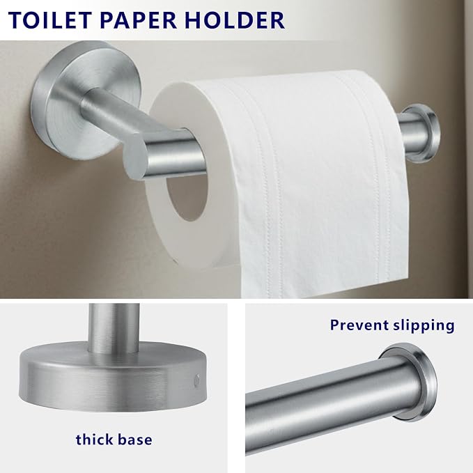 Bathroom Hardware Set Includes Towel Ring, Toilet Paper Holder and 2 Towel Hooks, SUS304 Stainless Steel Modern Wall-Mounted Bathroom Set, Rustproof Bathroom Fitting Set (Brushed Nickel)
