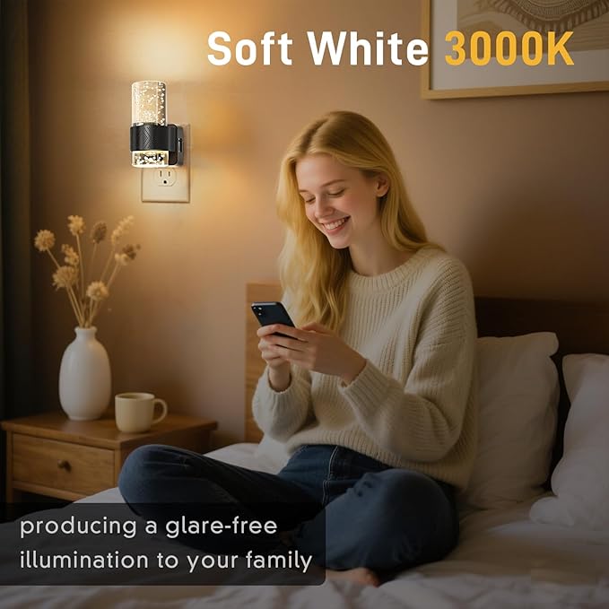 LED Night Light Plug in Wall - 2 Pack Nightlight with Dusk to Dawn Sensor 0-100LM Brightness Dimmable Lights for Bedroom Bathroom Hallway Kitchen Decor (Black)
