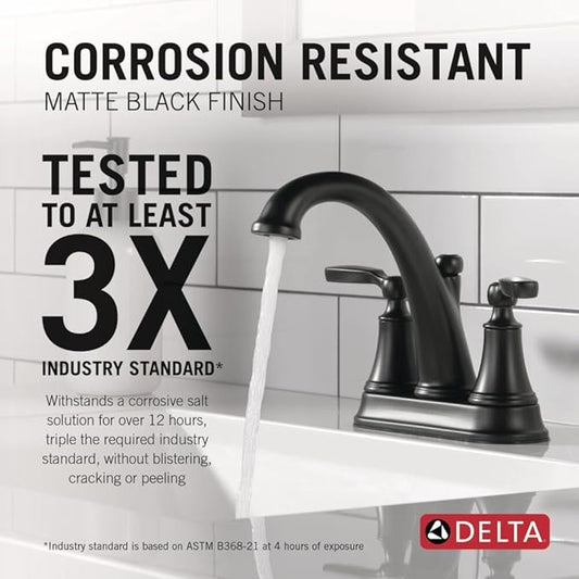 Delta Faucet Woodhurst Centerset Bathroom Faucet, Black 2-Handle Bathroom Faucet, Delta Bathroom Sink Faucet, Metal Push-Pop Drain Assembly, Matte Black 2532LF-BLMPU
