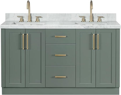 ARIEL Loren 60-inch Bathroom Vanity with Sink,Solid Wood, 1.5-inch Italian Carrara Marble Countertop, Double Rectangular Porcelain Sink, 4 Soft Closing Doors, 3 Dovetail Drawers, Black