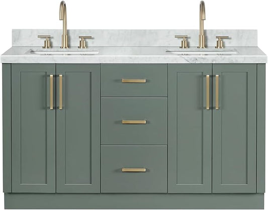 ARIEL Loren 60-inch Bathroom Vanity with Sink,Solid Wood, 1.5-inch Italian Carrara Marble Countertop, Double Rectangular Porcelain Sink, 4 Soft Closing Doors, 3 Dovetail Drawers, Black