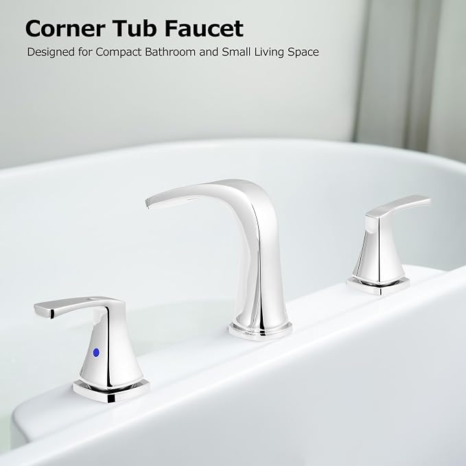 Waterfall 2 Handle Widespread Roman Tub Faucet Chrome | 3 Hole Deck Mount Bathtub Filler with Valve & Supply Lines