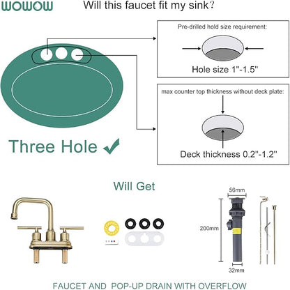 WOWOW Brushed Gold Bathroom Faucet 4 inch Bathroom Sink Faucet 3 Hole RV Sink Tap 2 Handle Vanity Taps with Drain Assembly Centerset Lavatory Mixer 360-Degree Swivel Spout