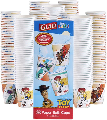 Glad for Kids Disney Pixar Toy Story Mini Paper Cups, 3 Oz, 20 Count, 18-Pk | Soak-proof bathroom rinse cups sized for little hands, colorful Toy Story characters