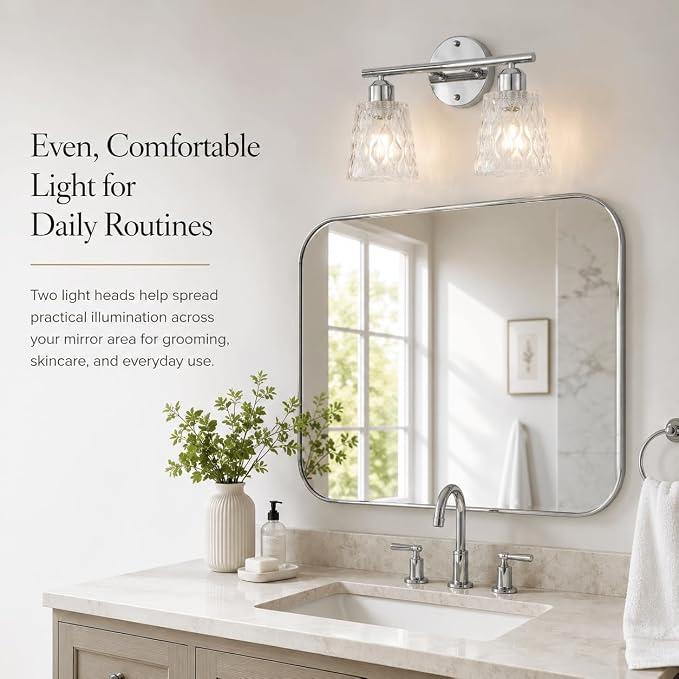 Chrome 2 Light Bathroom Vanity Lights with Textured Glass Shades, E26 Sockets, Bathroom Light Fixtures Over Mirror, Modern Lighting Fixtures Wall Lamp Vanity Lights