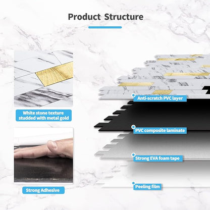 Art3d Faux Stone Peel & Stick Backsplash Tile, 10pcs, Gold Stud White Slate | PVC, Multi-Style Decor Sheets, Waterproof, Traceless Peel, No Wall Damage, Ideal for Kitchen