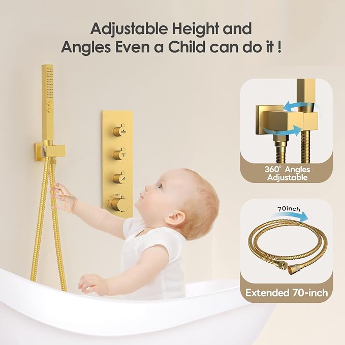 Shower Faucet Set,Thermostatic Shower System Brushed Gold,12 Inch Ceiling Mounted and 6 Inch Wall Mount Rain Shower Head with 2 in 1 Handhled,High Pressure Dual Shower Head Combo Set