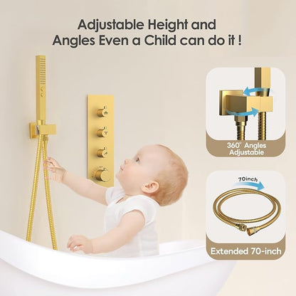 Shower Faucet Set,Thermostatic Shower System Brushed Gold,12 Inch Ceiling Mounted and 6 Inch Wall Mount Rain Shower Head with 2 in 1 Handhled,High Pressure Dual Shower Head Combo Set