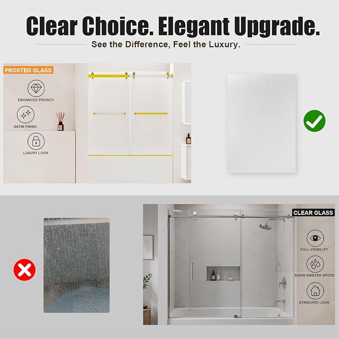 Frameless Shower Door,Frosted Sliding Shower Door for Bathtub, 56-60" W x 60" H-1/4” (6mm), 304 Stainless Steel Hardware, Nano Easy-Clean Glass, Quiet Rollers, Gold