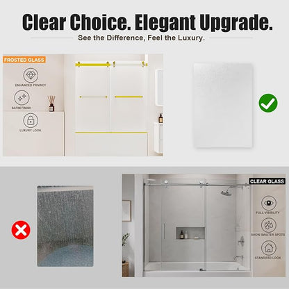 Frameless Shower Door,Frosted Sliding Shower Door for Bathtub, 56-60" W x 60" H-1/4” (6mm), 304 Stainless Steel Hardware, Nano Easy-Clean Glass, Quiet Rollers, Gold