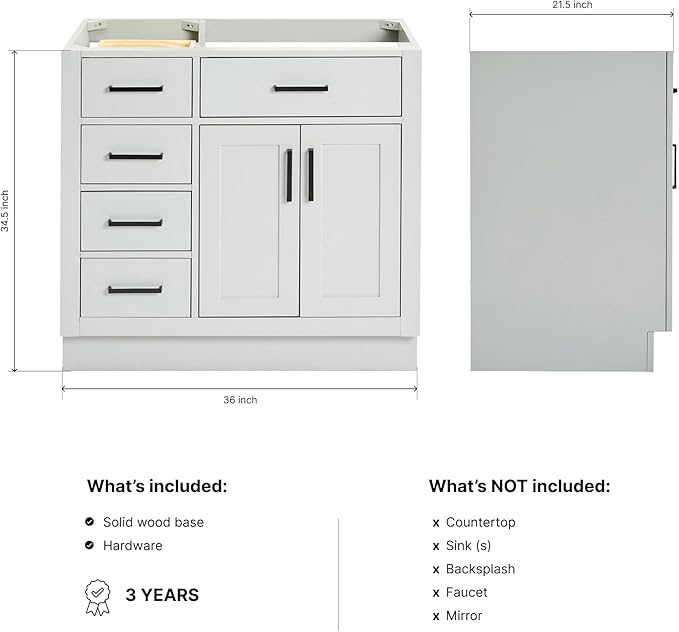 ARIEL Hepburn 36-inch Bathroom Vanity Base Cabinet,Solid Wood, 2 Soft Closing Doors, 5 Dovetail Drawers, Grey