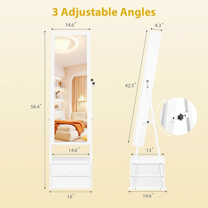 Bonnlo LED Jewelry Cabinet Armoire, Lockable Standing Mirror with Jewelry Storage, Full Length Mirror with 2 Drawers, Large Capacity Jewelry Organizer for Women, Gift Idea, White