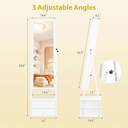 Bonnlo LED Jewelry Cabinet Armoire, Lockable Standing Mirror with Jewelry Storage, Full Length Mirror with 2 Drawers, Large Capacity Jewelry Organizer for Women, Gift Idea, White