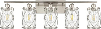 5-Light Brushed Nickel Bathroom Light Fixtures Over Mirror, 38" UL-Listed Modern Wall Sconce Lights with Clear Glass and Metal Cage for Bath, Hardwire E26, CH9176BN-5W