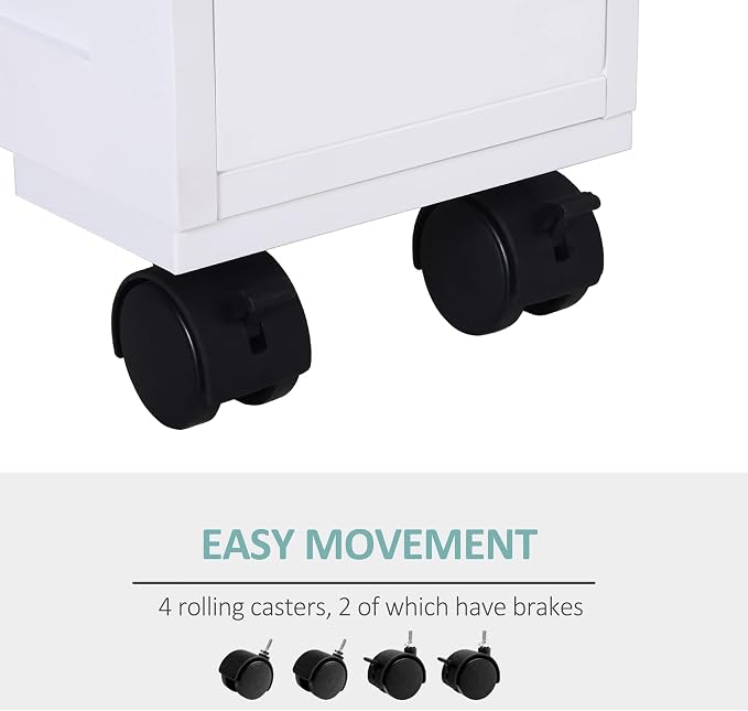 HOMCOM 6.25" x 20.5" x 28.25" Wood Rolling Narrow Bathroom Side Storage Cabinet - White