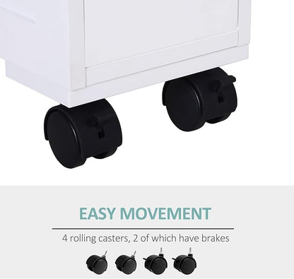 HOMCOM 6.25" x 20.5" x 28.25" Wood Rolling Narrow Bathroom Side Storage Cabinet - White