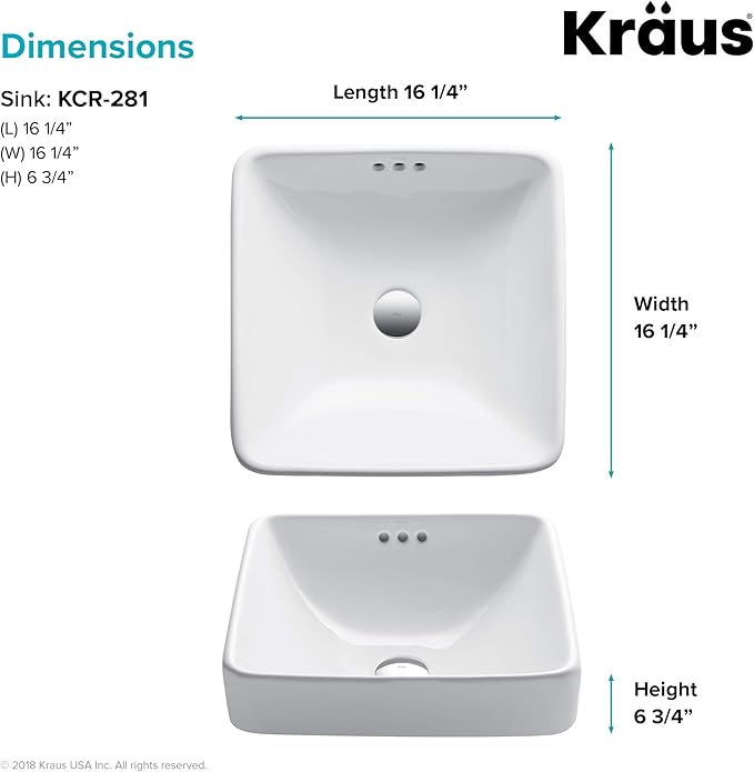 KRAUS Elavo Square Semi-Recessed Vessel White Porcelain Ceramic Bathroom Sink with Overflow, 16 1/2 inch KCR-281